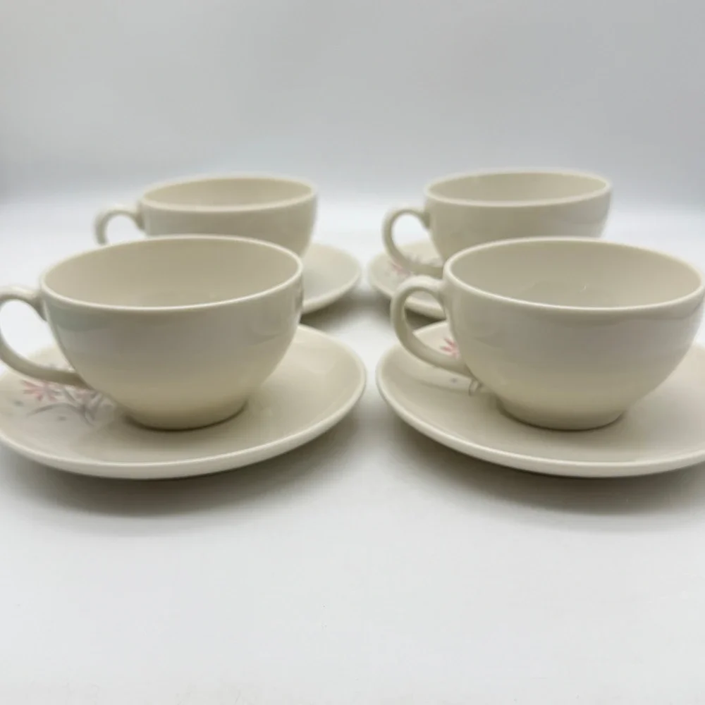 VTG Syracuse China Flame Lily Tea Cup Saucer Set of 4 MCM USA